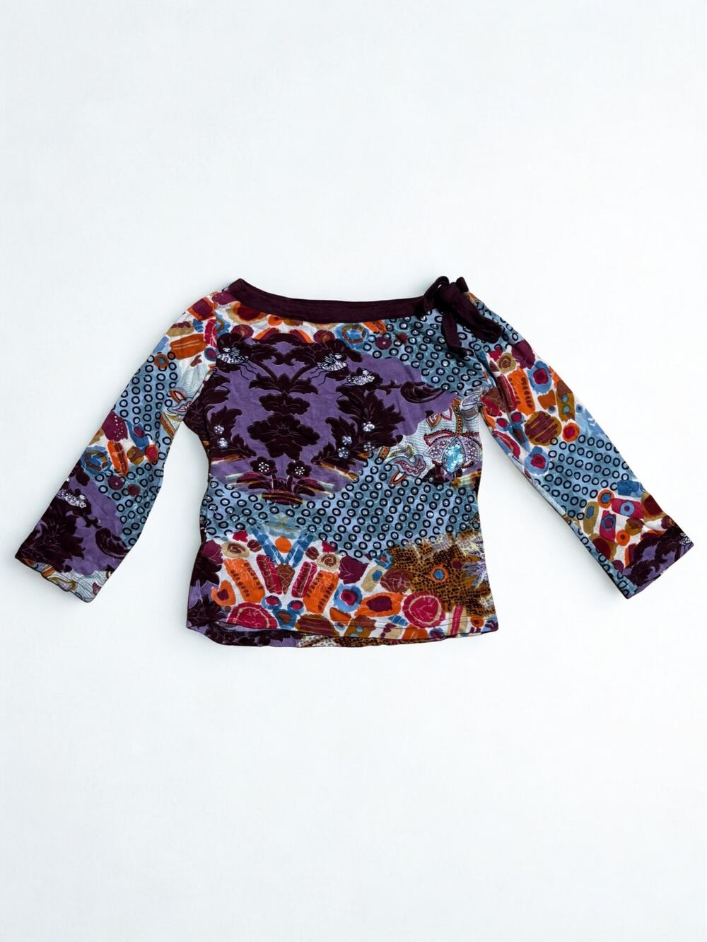 Vtg Y2K Derhy Blue Floral Maximalist Knotted Boatneck Neckline Beaded Top Size S